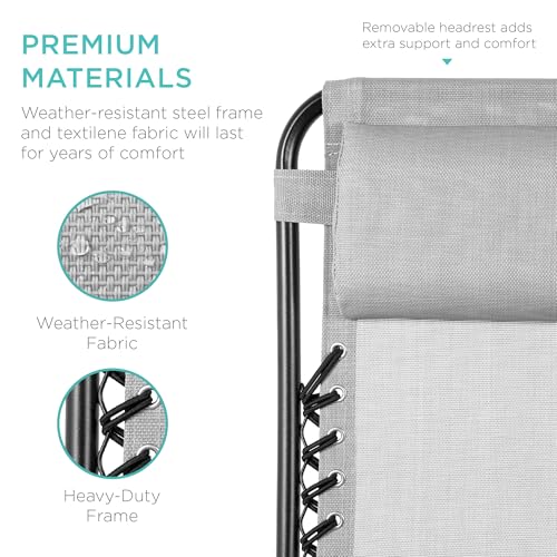 Best Choice Products Set of 2 Adjustable Steel Mesh Zero Gravity Lounge Chair Recliners w/Pillows and Cup Holder Trays - Ice Gray