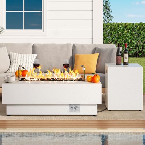IRONCK 43-inch Outdoor Propane Fire Pit Table w Tank Table, CSA Certified, 2 in 1 Rectangular Patio Fire Pit w Glass Rocks, Wind Guard and Cover, 50000 BTU Outdoor Heater for Garden, Pool, White