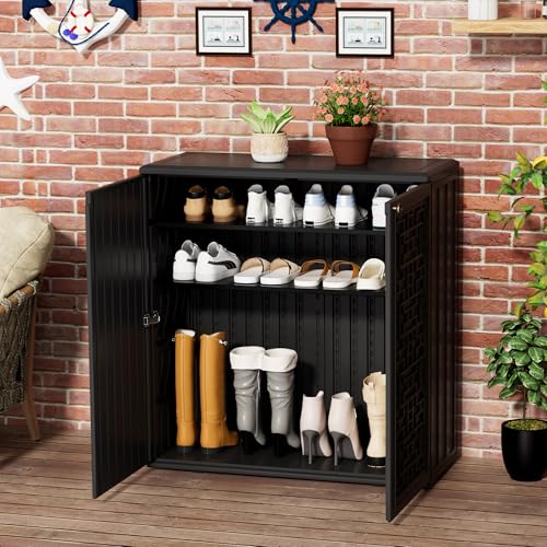 Mrosaa Outdoor Storage Cabinet Waterproof with Shelf,Resin Storage Sheds Outdoor Cabinets for tub Towels/Chemicals/Grill Items/Patio/Garden/Backyard, Size 34.3''L*15''W*36.2''H（Black）