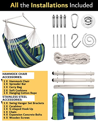 XXL Hammock Chair Hanging Rope Swing with 2 Cushions - Max 500lbs-Perfect for Patio, Porch, Bedroom, Backyard, Indoor or Outdoor - Includes Hanging Hardware Kits