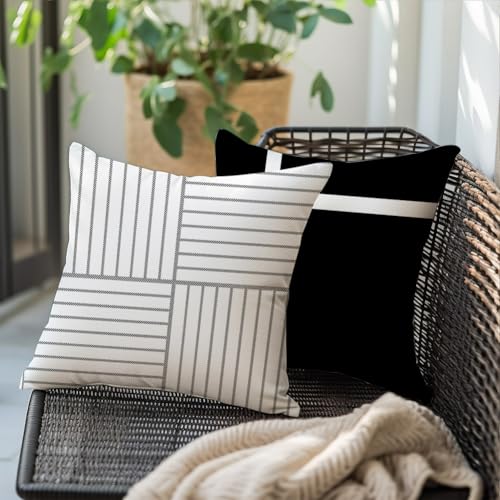 RABUSOFA Outdoor Pillow Covers Waterproof 18x18 Inch,Black Modern Geometry Decorative Cushion Cases Decoration for Patio Furniture Sunbrella Garden Set of 4 (Black, 18" x 18" (Pack of 4))