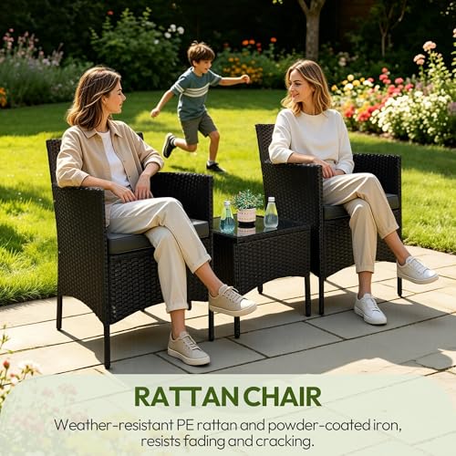 Yaheetech 3 Pieces Patio Conversation Set, Outdoor Rattan Bistro Furniture, 2 Chairs with Cushions & 1 Side Table for Bistro/Porch/Garden/Deck/Courtyard, Black/Khaki