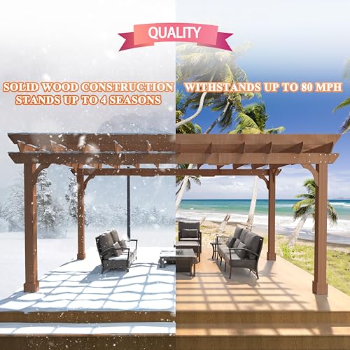 Yardenaler 12 x16 FT Wooden Pergola, Cedar Wood Gazebo with Flat Roof, Outdoor Garden Shelter with Stakes Included, Patio, Deck, Backyard, Lawn