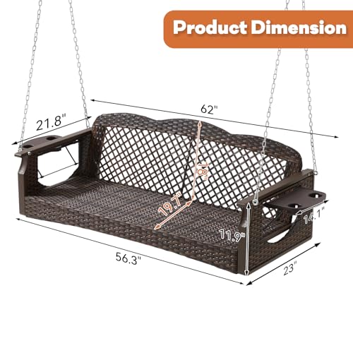 3 Seat Porch Swing, Wicker Patio Swing with Cup Holders & 3 Back Cushions, Yard Swing with Chains for Deck Garden Backyard,Brown Rattan, Beige Cushion, 56-inch