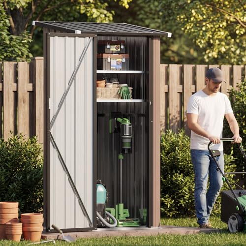 Aoxun Outdoor Storage Cabinet Shed - Vertical Cabinet with Floor, 2 Adjustable Shelves & Lockable Doors, Waterproof Small Tool Shed, for Backyard Garden Patio Lawn Indoor, Brown
