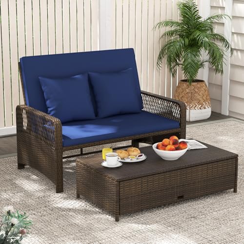 Tangkula Patio Rattan Daybed with 4-Level Adjustable Backrest, 2-Person Outdoor Wicker Loveseat with Storage Ottoman & Soft Cushions, Double Sunbed Lounger for Backyard, Porch, Poolside (Navy)