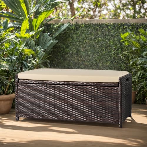 PROHIKER 2-in-1 Wicker Deck Box Bench, All-Weather 55 Gallon Outdoor Storage Box with Cushions and Waterproof Bag, Rattan Storage Bench for Pool Tools, Outdoor Equipments and Garden Tools, Brown/Beige
