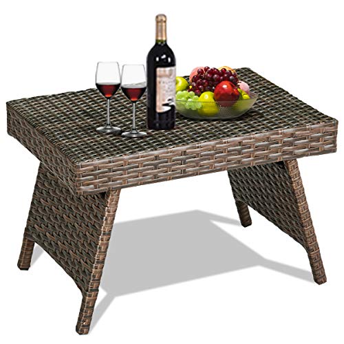 Tangkula Outdoor Folding Wicker Table, Heavy Duty Rattan Foldable Standing Coffee Side Table, for Patio Poolside Lawn Garden Balcony