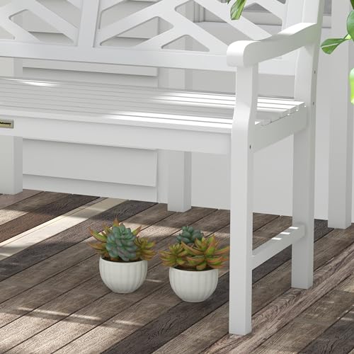 Outsunny Outdoor Garden Bench, Wooden Frame Patio Bench with Geometric Pattern, 43.25 Inch Weatherproof 2-Person Love Seat for Garden, Lawn, Porch, Yard, Work Entryway, White