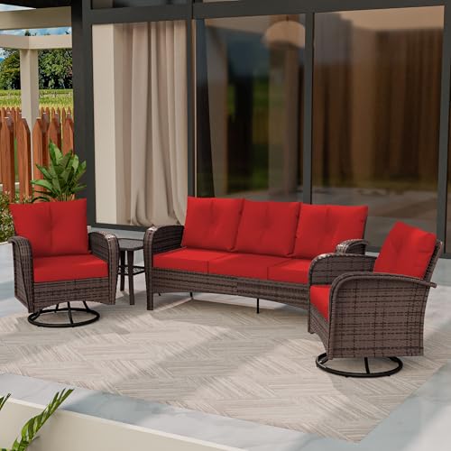Qsoer 4 Piece Patio Conversation Set - 2 Swivel Chairs 1 Coffee Table 3-Seater Sofa, PE Wicker & Steel Patio Furniture with Heavy-Duty Steel Frame,Weatherproof Cushions, Red