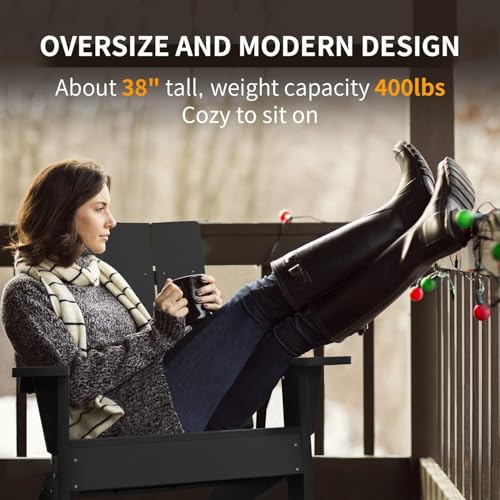 MXIMU Adirondack Chairs Set of 2 Outdoor: Oversized Modern Adirondack Chairs with Cup Holder - All-Weather Plastic Composite Material - Ergonomic Support for Adults to Relax in Lawn & Backyard (Black)