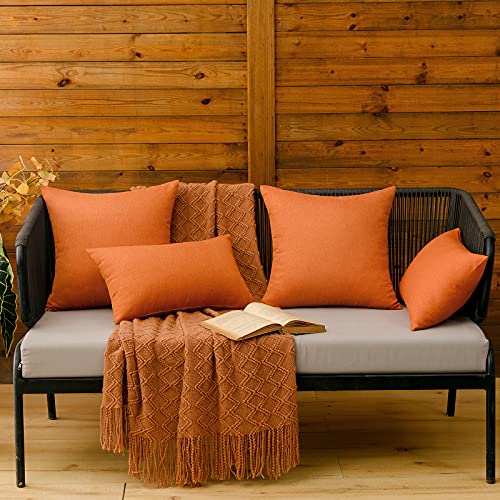 MIULEE Pack of 2 Decorative Outdoor Solid Waterproof Throw Pillow Covers Faux Linen Garden Farmhouse Cushion Cases for Summer Patio Tent Balcony Couch Sofa 18x18 Inch Orange