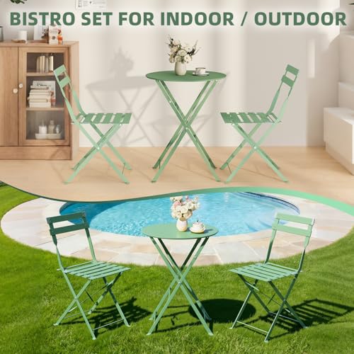 DSNAPE 3-Piece Folding Bistro Set, 2 Chairs and 1 Coffee Table, Space Saving Weather-Resistant Frame, Portable Indoor/Outdoor Patio Furniture Conversation Set for Garden Porch Balcony Deck - Green