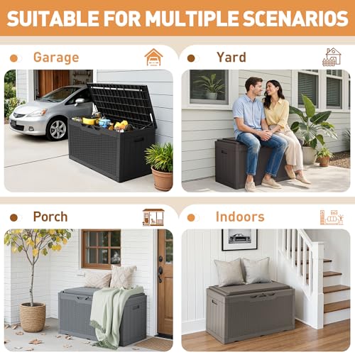 Greesum 100 Gallon Resin Deck Box Large Outdoor Storage Boxes with Cushions for Garden Tools, Patio Furniture Pillows, Pool Supplies, Black