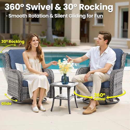 ovios 5-Piece Patio Furniture Set with Swivel Chairs Side Table, Outdoor Wicker Sofa with 42" Fire Pit Table, High Back Couch Modern Conversation Sets, Grey/Denim Blue