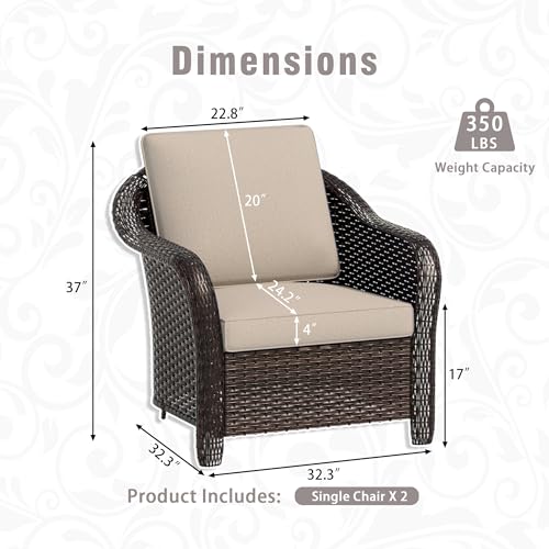 Qsoer Outdoor Wicker Chair Set of 2, All-Weather Use Patio Rattan Chair with Seat and Back Cushion, Ideal for Porch, Backyard, Balcony, Poolside, Beige