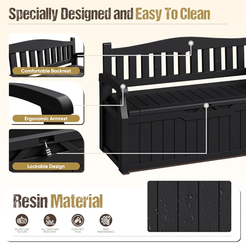 Acurax 80-Gallon Outdoor Storage Bench, Waterproof Deck Box with Lockable Lid & Armrests for Patio, Garden, Pool, Black