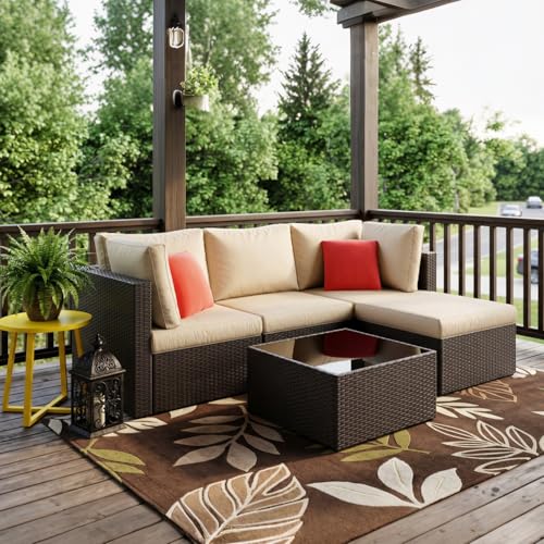 Vongrasig 5 Piece Patio Furniture Sets, Outdoor Patio Set Sectional Sofa, All-Weather PE Rattan Outdoor Couch with Ottoman, Glass Table for Garden, Backyard, Porch, Beige