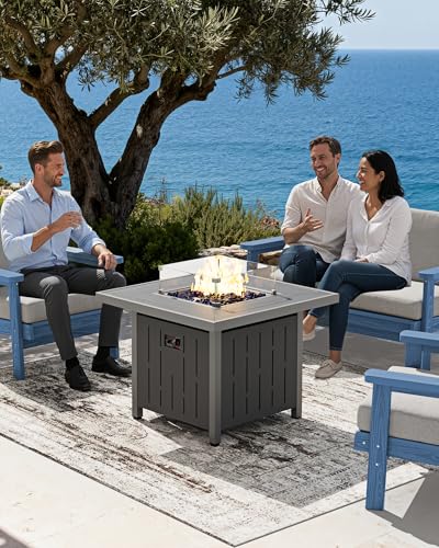SERWALL 33" Outdoor Fire Pit Table, 50,000 BTU Square Propane Fire Pit Table with Lid, Glass Rock & Glass Wind Guard, HDPE Outdoor Furniture for Patio, Garden, Backyard, Black