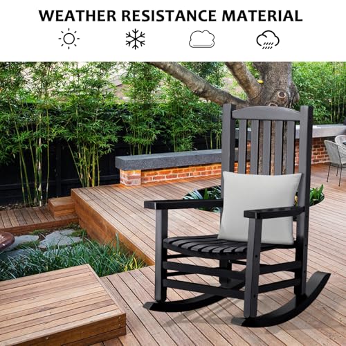 Hupmad Wooden Rocking Chair Outdoor Oversized Porch Rocker Chair,Patio Wooden Rocker with High Back and Armrest,All Weather Rocker Slatted for Backyard,Garden,400 lbs Support,Black