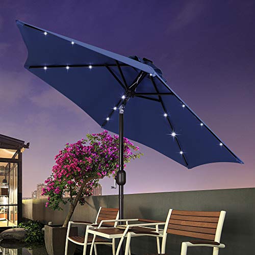 Blissun 7.5 ft Solar Umbrella, 18 LED Lighted Patio Umbrella, Table Market Umbrella, Navy Blue