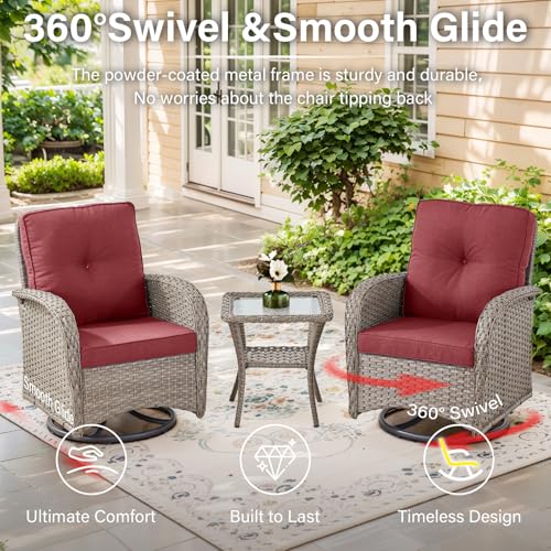 Belord Swivel Patio Chairs Wicker Set - Outdoor Swivel Rocker Chair with Side Table, 3 Piece Patio Glider Chairs Furniture Set with Water-Resistant Cushions for Deck Porch Sunroom