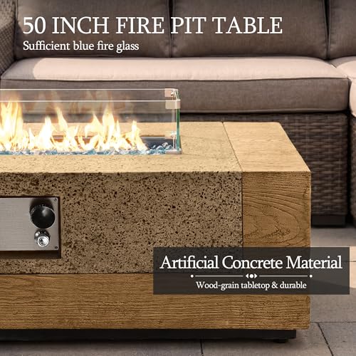 UPHA 50-inch Outdoor Patio Propane Gas Fire Pit Table 50000 BTU Concrete Round Firepit with ABS Tank Hidden Table, Wind Guard, Blue Glass Rocks, Rain Cover, Natural Wood Finish