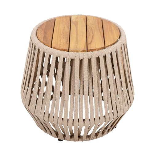 Christopher Knight Home Outdoor Side Table with Rope and Acacia Wood - Teak Finish, 100 LBS Capacity, Weather-Resistant Rope Design for Patio, Deck, Balcony - 21.26" W x 18.11" H, Beige