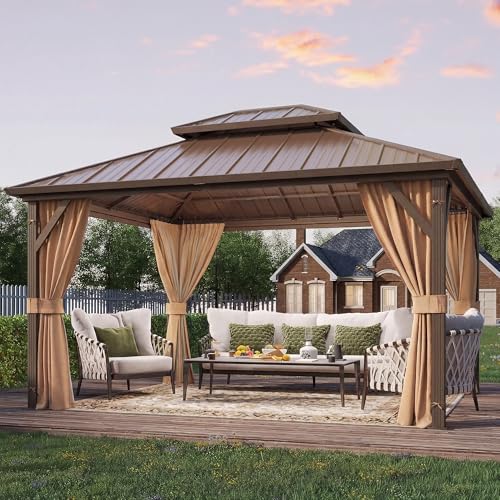 YOLENY 10' x 12' Hardtop Gazebo, Metal Gazebo with Aluminum Frame, Double Galvanized Steel Roof, Curtains and Netting Included, Pergolas for Patios, Garden, Parties, Lawns