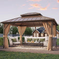 YOLENY 10' x 12' Hardtop Gazebo, Metal Gazebo with Aluminum Frame, Double Galvanized Steel Roof, Curtains and Netting Included, Pergolas for Patios, Garden, Parties, Lawns