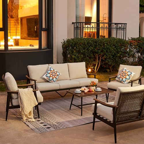 NATURAL EXPRESSIONS Patio Sofa Outdoor Furniture Metal Chair with Wicker Backrest & 6 Inches Cushion for Indoor, Front Porch, Deck, Balcony, Backyard, Sunroom, 73.35"(L) x 29.75"(W) x 33.86"(H).