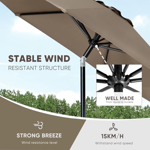 Tempera 9ft Patio Market Outdoor Table Umbrella with Push Button Tilt and Crank, Large Sun Umbrella with Sturdy Pole & Fade Resistant Canopy, Easy to Set, Taupe