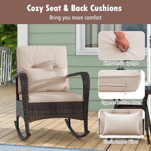COSTWAY Outdoor Rocking Chairs Set of 2, 3 Piece PE Wicker Patio Bistro Set with Coffee Table & Thick Cushions, Rattan Patio Rocker Furniture for Front Porch Lawn Garden Backyard Deck Poolside (Beige)
