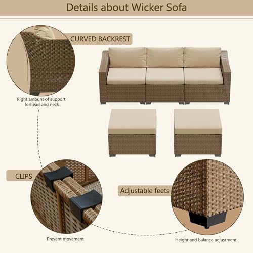 LHBcraft Patio Conversation Set Rattan Outdoor Sectional Furniture Sofa Set Wicker Couch with Coffee Table and Cushions for Poolside, Backyard (Yellow-Beige, 5-PCS)