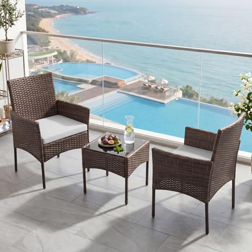 Sweetcrispy 3 Piece Patio Furniture Set, All-Weather Outdoor Conversation Set with Removable Cushions & Tempered Glass Table, Small Bistro Set for Balcony, Porch, Backyard, Deck, Brown