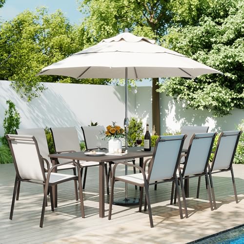 HAPPATIO Outdoor Patio Dining Set, 8 Quick Dry Textilene Dining Chairs and Dining Table with Umbrella Hole, Stackable Textilene Chairs for Garden, Patio and Poolside Backyard, Light Grey