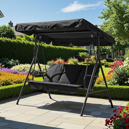 GarveeLife 3-Person Outdoor Porch Swing Chair with Adjustable Canopy, Breathable Fabric Seat and Backrest, Armrests, Heavy-Duty Frame, 600 lbs Capacity, for Patio, Backyard or Garden, Black