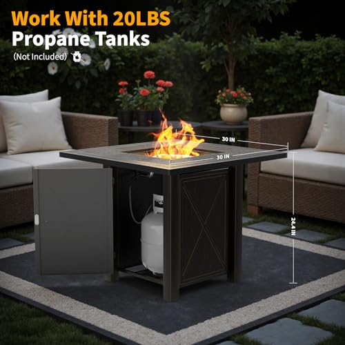 HOTEAGLE 30" Propane Fire Pit with Premium Ceramic Tabletop, 50000 BTU Powerful Gas Firepit Table - Includes Lid and Lava Rocks, Ideal Outdoor Fire Pit for Dining, Party in Patio, Garden, Yard