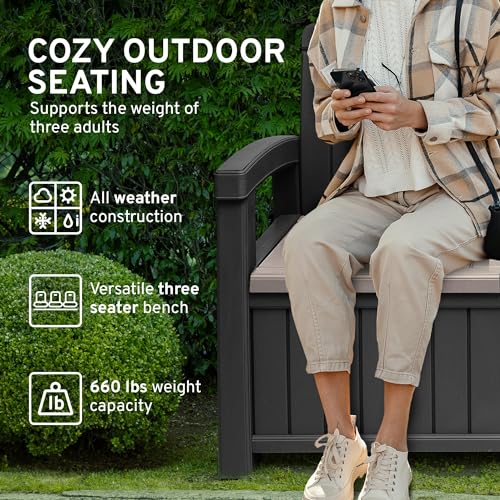 EconoHome 3 Seat Outdoor Storage Bench - 90 Gallon Capacity - Weatherproof Resin Bench for Patio, Porch, Garden, Yard, Pool Area - Furniture for Pool Accessories, Gardening Tools, Toys