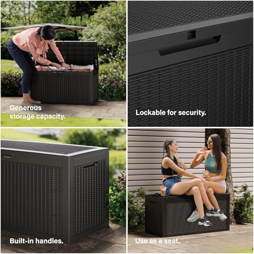 PATIOEASY Outdoor Storage Box 325GAL Waterproof Resin Deck Box,Pool Accessories Supplies，UV-Resistant Lockable Package Delivery Bin for Garden Tools,Large Patio Outside Cushions,Chest,Furniture,Black