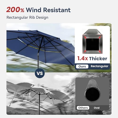 PHI VILLA 10ft Outdoor Patio Umbrellas for Outside, 3 Tier Vented Market Table Umbrella Windproof for Backyard, Deck, Garden, 1.5" Pole, Dark Blue（No Base）