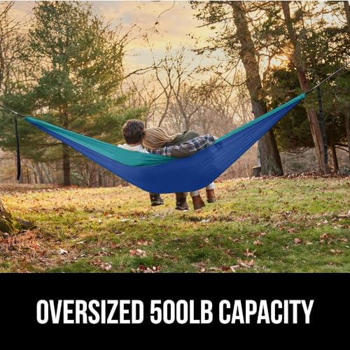 GORILLA GRIP Durable Camping Hammock with Heavy Duty Tree Straps, Portable Hammocks for Outside, Easy to Use Travel Swing Chair, Outdoor Camper Hiker Essentials, Backpacking Gear Gifts, Double, Blue