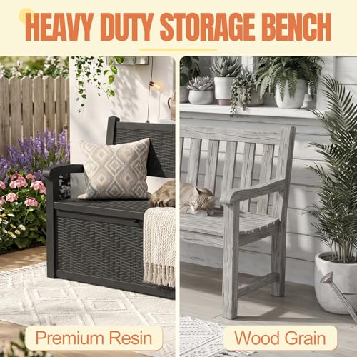 ATMELT Storage Bench Outdoor Deck Box,100 Gallon Waterproof & UV Resistant Lockable Patio Furniture Seating.Indoor/Outdoor Shoe Storage Cabinet for Garden Cushions,Tools,Patio,Pool Supplies(Black)