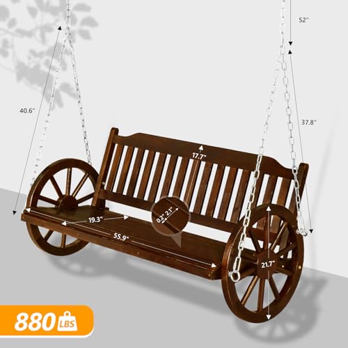 VINGLI Farmhouse Style Porch Swing, 5 FT Wooden Porch Swing Outdoor with Wheels Hold 880 LBS, Rustic Pine Wood Hanging Swing for Countryside, Yard, Garden