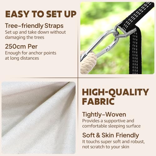 Chihee Cotton Hammock Holds Up to 660lbs Fabric Hammock 8.9x4.9ft Soft Portable Tree Hammocks Camping with Detachable Spreader Bar Pillow 2 Strong Webbings 2 Carabiners Indoor Outdoor Backyard Garden