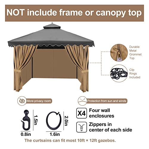 Gazebo Privacy Curtains with Zipper 4-Panels Side Wall Universal Replacement for Patio, Outdoor Canopy, Garden and Backyard (Curtain Only) (Khaki, 10'x12')