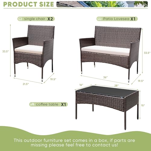 Greesum Patio Furniture 4 Pieces Conversation Sets Outdoor Wicker Rattan Chairs Garden Backyard Balcony Porch Poolside loveseat with Cushion and Glass Table, Brown and Beige