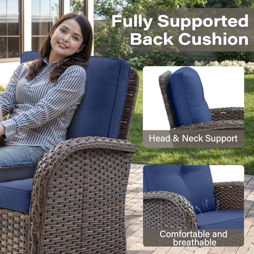 Belord Patio Wicker Chairs Swivel Rocker - Outdoor Swivel Rocking Chairs Set of 2 with Rattan Side Table, Patio Swivel Glider Chair 3 Piece Patio Furniture Sets for Deck Porch Pool Brown/Blue