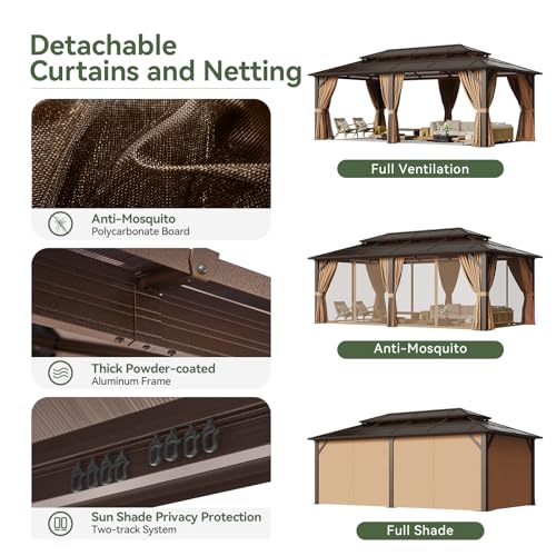 Aoxun 12'x20' Hardtop Gazebo, Aluminum Frame Permanent Pavilion with Curtains and Netting, Outdoor Polycarbonate Double Roof Canopy, Designed for Garden, Lawns, Patio