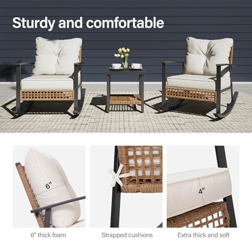 EO Living 3 Piece Rocking Patio Bistro Set, Outdoor Bistro Sets Wicker Patio Furniture Rocking Chairs Sectional Couch and 2-Tier Coffee Table for Garden, Balcony, Backyard (Beige)